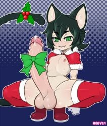 1boy 2021 animal_ears balls bow chika_takanade christmas dark_ryev erection femboy full_body green_eyes huge_cock humanoid humanoid_penis hung_trap kemonomimi light-skinned_male light_skin male male_only mistletoe nude penis precum precum_bubble ryev smug solo spread_legs squatting thighhighs