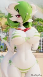 3d 3d_(artwork) anthro athletic_female big_breasts breasts cleavage clothing dividebyzero female gardevoir green_hair hi_res mega_evolution mega_gardevoir micro_bikini nintendo no_humans pokémon_(species) pokemon pokemon_(species) striped_bikini