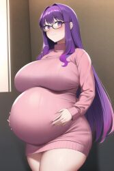 ai_generated big_breasts blush female female_only glasses hands_on_belly holding_belly huge_breasts long_hair looking_at_viewer nai_diffusion pregnant purple_eyes purple_hair ready_to_pop ribbed_sweater ryo_(artist) smile solo stable_diffusion sweater sweater_dress thick_thighs turtleneck wavy_hair