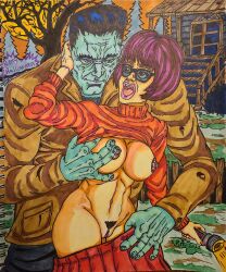 big_breasts creepy_background female flashlight frankenstein's_monster halloween male monster princeadam pussy scooby-doo traditional_media_(artwork) undressing_another velma_dinkley