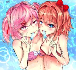 blue_eyes blush crunnix doki_doki_literature_club female female_only multiple_girls natsuki_(doki_doki_literature_club) pink_eyes pink_hair popsicle sayori_(doki_doki_literature_club) strawberry_blonde_hair twintails water