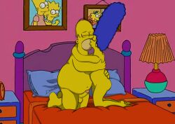 1boy1girl 20th_century_studios accurate_art_style bald bart_simpson bed bed_sheet bedroom bedroom_sex belly big_belly blue_hair couple desiaries embrace homer_simpson housewife hug husband husband_and_wife kissing lisa_simpson love lovers maggie_simpson marge_simpson married married_couple mature milf passion passionate penis picture_frame the_simpsons thedesiaries touching wife yellow_body yellow_skin