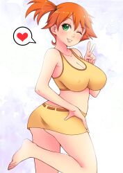 armpits ass asymmetrical_hair bangs bare_arms bare_shoulders barefoot blush breasts clothing cowboy_shot female game_freak green_eyes huge_ass huge_breasts kasumi_(pokemon) large_ass large_breasts looking_at_viewer miniskirt misune_art nintendo open-mouth_smile open_mouth orange_hair pokemon pokemon_(anime) pokemon_(classic_anime) pokemon_(game) pokemon_rgby ponytail short_hair short_ponytail side_ponytail skirt smile solo thighs tied_hair v