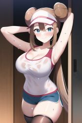 1girls ai_generated armpit_fetish armpits arms_behind_head arms_up blue_eyes blush booty_shorts breasts brown_hair female female_only game_freak hat hips large_breasts light-skinned_female light_skin long_hair looking_at_viewer nai_diffusion nintendo pokemon pokemon_bw2 rosa_(pokemon) short_shorts shorts slim_waist smile sport_shorts sportswear stable_diffusion sweat sweaty_body tank_top thick_thighs thighs twin_buns twintails voluptuous wide_hips