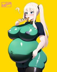 agiloo ai_generated big_belly big_breasts breasts chubby chubby_female eating fat latex latex_bodysuit latex_suit nai_diffusion pizza pregnant pregnant_female stable_diffusion