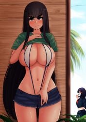 2girls absurdres adult_swim alternate_costume beach black_hair blush breasts cabin closed_mouth clothes_lift clothes_pull cloud cloudy_sky cropped_shirt day denim denim_shorts dress female female_only green_shirt highres kill_la_kill kiryuuin_satsuki large_breasts lifted_by_self long_hair looking_at_viewer matoi_ryuuko medium_hair multicolored_hair multiple_girls ocean outdoors palm_tree pulled_by_self sailor_collar shiny shiny_hair shiny_skin shirt shirt_lift shorts shorts_pull siblings sideboob sisters skindentation sky sling_bikini slingshot_swimsuit streaked_hair summer swimsuit swimsuit_under_clothes the_only_shoe thighs toonami tree underboob underwear v-shaped_eyebrows very_long_hair water white_dress white_headwear