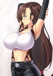 1990s_(style) 1girls armpits arms_up bare_shoulders belt big_breasts breasts brown_hair clothed clothes clothing earrings elbow_gloves female female_only final_fantasy final_fantasy_vii gloves hips huge_breasts human human_only jewelry large_breasts long_hair low-tied_long_hair midriff nagase_haruhito navel red_eyes retro_artstyle shirt skirt solo solo_female stretching suspender_skirt suspenders taut_clothes taut_shirt thick thick_thighs thighs tifa_lockhart very_long_hair wide_hips