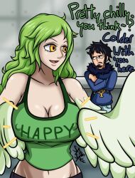 1boy 1girls big_breasts cleavage english_text erect_nipples female female_focus green_hair harpy large_breasts long_hair male monet_(one_piece) nipple_bulge one_piece spanspec text trafalgar_law wings yellow_eyes