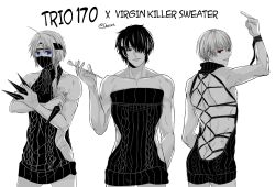 3boys ahoge alternate_costume ambush_(trap) ass_cleavage bandages bare_shoulders blue_eyes braid braided_hair butt_crack crossdressing desaru gintama hair_over_one_eye headband kamui_(gintama) kiseru kunai long_hair_male looking_back male male_only middle_finger monochrome mouth_mask ninja okita_sougo parody partially_colored pipe red_eyes single_braid sweater sweater_dress takasugi_shinsuke toned toned_male turtleneck virgin_killer_sweater