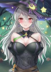 1girls absurdres alternate_costume arms_behind_back bangs bare_shoulders black_dress blush breasts cleavage corrin_(female)_(halloween)_(fire_emblem) corrin_(fire_emblem) corrin_(fire_emblem)_(female) crescent crescent_hair_ornament crescent_moon dress earrings female female_only fire_emblem fire_emblem_fates fire_emblem_heroes forest grey_hair hair_between_eyes hair_ornament halloween halloween_costume hat hat_ornament highres jewelry large_breasts long_hair looking_at_viewer moon nintendo official_alternate_costume outdoors pointy_ears red_eyes shizukugu03 shy shy_smile smile solo star_(symbol) star_hat_ornament upper_body white_hair witch witch_hat