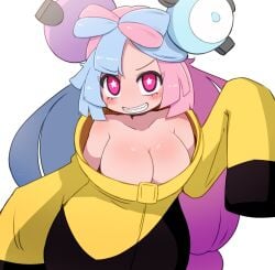 1girls big_breasts blue_and_pink_hair breasts chibi cleavage eye_contact female female_focus female_only game_freak gym_leader happy huge_breasts iono_(pokemon) long_hair looking_at_viewer makino_nono nintendo no_bra oversized_clothes oversized_hoodie pink_hair pokemon pokemon_(game) pokemon_sv sharp_teeth shirtless simple_background smile solo toothy_grin toothy_smile two_tone_hair white_background