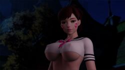 3d big_breasts blender blender_cycles brown_eyes brown_hair cute d.va female large_breasts looking_at_viewer overwatch see-through see-through_clothing shiny_skin skinny teaser underboob