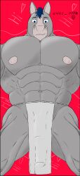 abs anthro big_muscles biped blue_eyes blue_hair bottomwear bulge clothed clothing detailed_bulge equid equine genital_outline grey_body grey_skin hair hi_res horse loincloth looking_at_viewer male male_only mammal muscular muscular_anthro muscular_male nipples partially_clothed pecs penis_outline pinup pose smile solo spread_legs spreading standing toony white_opium