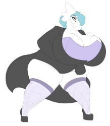 bbw big_ass big_bottom_lip big_breasts blue_hair bra gardevoir hand_on_own_chest high_heels huge_ass huge_breasts looking_at_viewer milf pokémon_(species) pokemon pokemon_(species) shiny_pokemon stockings suggestive_look suit visible_bra_through_clothes white_background white_body