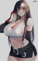 2d absurdres bangs belt belt_buckle black_hair blush breasts buckle carcass_(artist) chinese_text cleavage collarbone covered_erect_nipples crop_top curious curvy detached_sleeves earrings female final_fantasy final_fantasy_vii gloves grey_background hair_between_eyes highres huge_breasts jewelry large_breasts lips long_hair looking_at_viewer midriff navel open_mouth overalls red_eyes red_gloves sideboob signature simplified_chinese_text skirt solo stomach sweat sweatdrop swept_bangs thick_thighs thighs tifa_lockhart towel wide_hips wiping_face