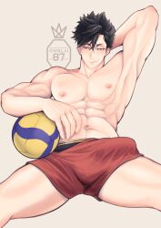 1boy abs armpit armpits ball big_bulge big_penis boy bulge clothed gay haikyuu!! hand_behind_head kuroo_tetsurou looking_at_viewer male muscular muscular_male nipples onglai87 pecs reclining shorts sitting smile smirk solo sport spread_legs volleyball volleyball_uniform yaoi