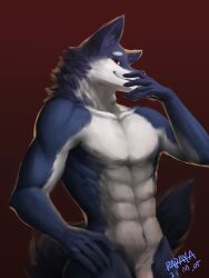 2021 3:4 absurd_res anthro blue_body blue_fur brown_background canid dated flaccid fur genitals glistening glistening_eyes half-length_portrait hi_res looking_at_viewer male mammal muscular muscular_anthro muscular_male narrowed_eyes navel nipples nude papayafurry penis penis_base portrait red_eyes signature simple_background smile solo standing white_body white_fur white_penis