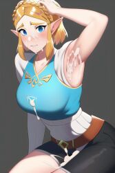 after_sex ai_generated armpit_fetish armpit_sex armpits blonde_hair breath_of_the_wild cum cum_on_armpit cum_on_breasts cum_on_lower_body happy nai_diffusion princess_zelda short_hair sitting stable_diffusion suprise_cumshot suprised tears_of_the_kingdom the_legend_of_zelda thegigachad thick_thighs tight_clothing zelda_(tears_of_the_kingdom)