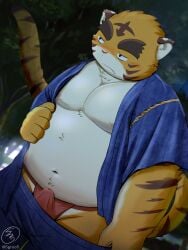 2022 5groo5 anthro asian_clothing belly blush bulge clothing east_asian_clothing felid fundoshi hi_res humanoid_hands japanese_clothing jinbei_(clothing) kemono male male_only mammal moobs navel outside overweight overweight_male pantherine red_clothing red_fundoshi red_underwear solo tiger underwear