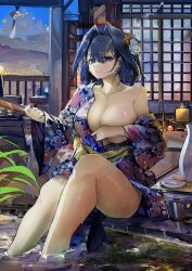 1girls cleavage feet_in_water female flower_in_hair hair_ornament hand_on_breast holding_object hololive hololive_english hololive_english_-council- hololive_english_-promise- looking_at_viewer ouro_kronii sitting thighs virtual_youtuber vyragami water yukata