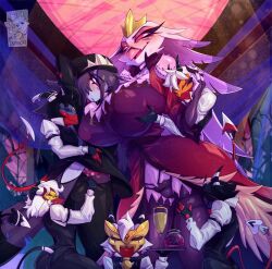 2girls 5boys artist_name bird_girl breasts demon_boy demon_girl demon_horns demon_tail demons embarrassed furry furry_female gothic helluva_boss huge_ass large_breasts mask masked_male milf mother_and_daughter mrdeathcat octavia_(helluva_boss) pink_sclera red_sclera smile stella_(helluva_boss) white_eyes