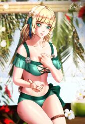 1girls alternate_costume bangs bare_shoulders bikini blonde_hair blunt_bangs collarbone commentary cowboy_shot esther-shen female female_only fire_emblem fire_emblem:_three_houses fire_emblem_heroes flower green_bikini green_eyes green_ribbons green_swimsuit hair_flower hair_ornament hair_ribbon ingrid_brandl_galatea ingrid_brandl_galatea_(summer) long_hair looking_at_viewer nintendo off-shoulder_bikini off_shoulder official_alternate_costume pink_lips ribbon sitting solo stomach swimsuit thigh_strap thighs very_long_hair white_flower