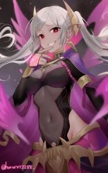 1girls armlet bangs bodystocking brand_of_the_defile breasts bridal_gauntlets cape collar corruption covered_navel dark_aura dark_persona earrings evil_grin evil_smile eyes_of_grima fang female female_only fire_emblem fire_emblem_awakening fire_emblem_heroes floating_hair grima_(fire_emblem) grin hair_ornament hand_on_chin hand_tattoo haru_(nakajou-28) high_collar highres jewelry long_hair looking_at_viewer medium_breasts nintendo official_alternate_costume purple_aura purple_cape red_eyes robin_(female)_(fell_tactician)_(fire_emblem) robin_(fire_emblem) robin_(fire_emblem)_(female) smile solo solo_female swept_bangs tattoo tattoo_on_hand teeth twintails twitter_username white_hair