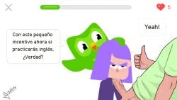 1girls censored duo_(duolingo) duolingo erection fellatio female gigalleta lily_(duolingo) mosaic_censoring no_outlines oral penis purple_hair straight translation_request