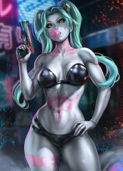 1girls 2022 aged_up alternate_breast_size big_breasts bulging_breasts casual clothing curvaceous curvy_female curvy_figure cyberpunk:_edgerunners cyberpunk_2077 dandon_fuga female firearm fit_female green_sclera green_skin handgun high_resolution human looking_at_viewer pale_skin realistic rebecca_(edgerunners) tagme tattoos thong twintails voluptuous voluptuous_female weapon