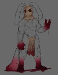 absurd_res animal_humanoid anthro blood bodily_fluids feet gore halloween hi_res holidays horror_(theme) humanoid lagomorph lagomorph_humanoid leporid_humanoid male mammal mammal_humanoid mature_male muscular original_characters pecs rabbit_humanoid scared simpleesteban solo