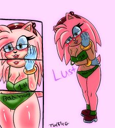 1girls 5_fingers aged_up amy_rose anthro big_breasts bra bracelet breasts cleavage close-up clothing english_text eulipotyphlan eyelashes eyewear female glasses gloves green_eyes hairband headband hedgehog jewelry lipstick looking_at_viewer looking_back makeup mammal mascara panties pink_body pink_fur pink_hair roughlove69 sega shoes solo sonic_(series) sonic_the_hedgehog_(series) teasing text underwear