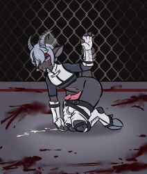 anthro arena blood bodily_fluids bovid caprine corpse crowskull cum cum_on_ground death disembodied_hand genital_fluids genitals goat gore grey_hair hair hi_res hooves humanoid_genitalia humanoid_penis male male_death mammal penis snuff