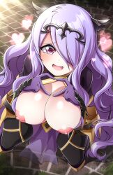 1girls big_breasts breasts_out camilla_(fire_emblem) female female_only fire_emblem fire_emblem_fates from_above gesture hair_over_one_eye heart heart-shaped_pupils heart_hands iryanic kneeling long_hair looking_at_viewer looking_up nintendo nipples one_eye_covered purple_hair smile solo