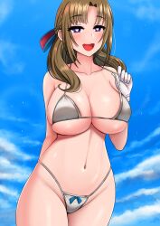 :d absurdres adjusting_clothes adjusting_swimsuit arm_behind_back bangs bikini bikini_pull blue_sky blush braid breasts brown_hair cleavage clothes_pull cloud cloudy_sky collarbone day female female_only gloves groin hair_ribbon heart heart-shaped_pupils highres huge_breasts large_breasts long_hair looking_at_viewer mature_female milf navel oosuki_mamako open_mouth outdoors pulled_by_self purple_eyes ribbon skindentation sky smile solo standing stomach strap_pull swimsuit symbol-shaped_pupils teeth the_only_shoe tsuujou_kougeki_ga_zentai_kougeki_de_ni-kai_kougeki_no_okaasan_wa_suki_desu_ka? underboob upper_teeth white_gloves