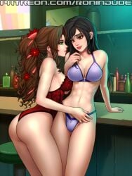 2girls abs aerith_gainsborough alcohol alcohol_bottles athletic athletic_female bar bar_stool black_hair boobs bra braided_ponytail breasts brown_hair cleavage female female_only final_fantasy final_fantasy_vii fit fit_female flower_in_hair full_cleavage green_eyes large_breasts light-skinned_female light_skin lingerie long_hair midriff multiple_girls navel panties ponytail purple_bra purple_lingerie purple_panties red_eyes red_lingerie ribbon_in_hair ronindude sideboob teddy_(clothing) tifa_lockhart tv tv_screen yuri