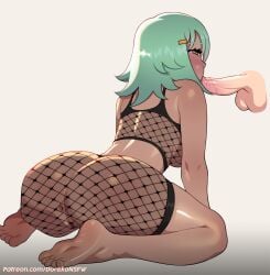 1boy 1girls anus ass barefoot blowjob blush cheek_bulge clothed_sex crop_top dark-skinned_female dark_skin disembodied_penis doreko fellatio female female_focus fishnets from_behind functionally_nude functionally_nude_female fuu_(naruto) green_hair human interracial light_skin male naruto naruto_(series) naruto_shippuden no_bra no_panties oral oral_sex penis penis_in_mouth petite petite_body pussy revealing_clothes see-through see-through_clothing shorts soles sucking sucking_penis toes unseen_character unseen_male_face vagina