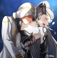 1boy 1girls artist_name bare_shoulders black_dress black_sleeves blush breasts brown_gloves cleavage cloak closed_eyes collarbone commentary_request detached_sleeves dress earrings eir_(fire_emblem) female fire_emblem fire_emblem_heroes gloves grey_hair heavy_breathing hetero hickey highres hood hood_up hooded_cloak hug jewelry kiran_(fire_emblem) kiran_(fire_emblem)_(male) kiss kissing long_hair male medium_breasts more_at_source night night_sky nintendo open_mouth ponytail sky star_(sky) starry_sky strapless strapless_dress very_long_hair visible_air white_cloak white_hood yozu_(yozu0420)