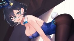 big_breasts black_hair blue_archive blue_eyes blush bunny_ears bunny_girl bunnysuit chihiro_(blue_archive) glasses hair_ornament pantyhose playboy_bunny short_hair thighband_pantyhose