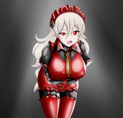 1girls bodysuit bondage breasts corrin_(fire_emblem) corrin_(fire_emblem)_(female) doujin fangs femsub fire_emblem fire_emblem_fates garter_straps grey_hair jacketfreak large_breasts latex latex_bodysuit leaning_forward long_hair maid maid_headdress maid_uniform nintendo red_bodysuit red_eyes straitjacket zipper