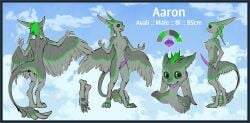 1boy 2022 3_fingers 3_toes 4_ears aaron_(avali) absurd_res anthro avali avian border bust_portrait cloud cloudscape color_swatch digitigrade feather_tuft feathers feet fingers front_view genitals gingerrey green_body green_eyes green_feathers green_scutes grey_body grey_feathers grey_sclera hi_res long_ears male model_sheet multi_ear nude paws penis portrait purple_mouth purple_penis rear_view side_view sky sky_background solo tapering_penis toes tuft winged_arms wings