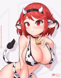 1girls bell bell_choker bra breasts choker cow_ears cow_horns cow_print cow_print_bra cow_print_lingerie cow_print_panties cow_tail cowbell earrings hand_on_chest large_breasts lingerie looking_at_viewer midriff navel nintendo nipple_bulge panties pyra red_eyes red_hair rilex_lenov short_hair xenoblade_(series) xenoblade_chronicles_2