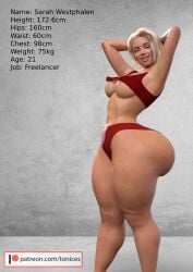 1girls 3d armpits ass athletic athletic_female big_ass big_breasts bimbo breasts busty character_age character_bio character_height character_profile character_sheet character_weight cleavage curvaceous curvy female female_only fit fit_female hips hourglass_figure huge_ass huge_breasts human large_ass large_breasts legs light-skinned_female light_skin lips original original_character reference_sheet sarah_westphalen thick thick_legs thick_thighs thighs tonices top_heavy upper_body voluptuous wide_hips