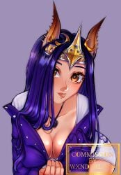 artist_name breasts brown_eyes cleavage cleavage_pull clothed commission crown disdona horns necklace pulling_shirt purple_hair roblox roblox_avatar tagme wxnderland_x