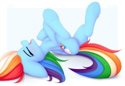 2022 ass blue_body blue_feathers closed_eyes cutie_mark equid equine feathers female feral friendship_is_magic genitals hair hasbro hooves mammal multicolored_hair multicolored_tail my_little_pony omiart open_mouth open_smile pegasus pussy rainbow_dash_(mlp) rainbow_hair rainbow_tail simple_background smile solo wings