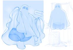 2020s 2022 anthro bed_sheet bedding biped blush bodily_fluids breath bulge clothing digital_media_(artwork) genital_fluids ghost ghost_costume heart humanoid inside invisible iriedono low-angle_view lube male male_only penetrable_sex_toy precum precum_through_clothing precum_through_underwear sex_toy sheet_ghost solo spirit underwear wet wet_clothing