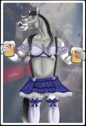 2022 accessory alcohol anthro balls beer beer_mug beverage blue_eyes bottomwear braided_hair calima clothing crop_top digital_media_(artwork) draft_horse dream_merchant equid equine genitals hair hair_accessory hairband hi_res horse legwear looking_at_viewer male mammal multicolored_hair navel scar shirt skirt smile solo stockings suspenders ta'kom_ironhoof teeth topwear two_tone_hair two_tone_tail