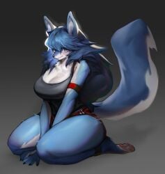 1girls anthro armband big_breasts blue_fur blue_hair blush breasts canine countershading female female_only fox fox_ears fox_tail fur furry furry_only hi_res kneeling long_hair looking_at_viewer pawpads shorts solo tail tank_top thick_thighs woobin94