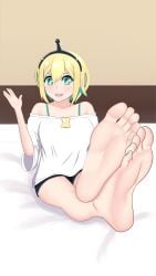 1girls amano_pikamee barefoot black_shorts chikora_(artist) colored_toenails feet female foot_fetish foot_focus green_eyes legs soles toes virtual_youtuber voms_project white_shirt yellow_hair