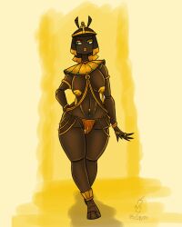 absurd_res ankh antennae_(anatomy) anthro arthropod blonde_hair breasts brown_body brown_hair bugzilla clothing female genitals green_clothing green_eyes hair hi_res insects jewelry mostly_nude multicolored_hair navel navel_piercing nipples orange_clothing piercing pussy solo thick_thighs two_tone_hair yellow_clothing