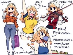 big_ass big_breasts big_hips blonde_hair cleavage coffee collection female folk_clothing ida_(murgoten) light-skinned_female light_skin midriff mob_face murgoten national_personification northern_european original original_character pale-skinned_female pale_skin small_waist soccer soccer_uniform torn_jeans violin white_background